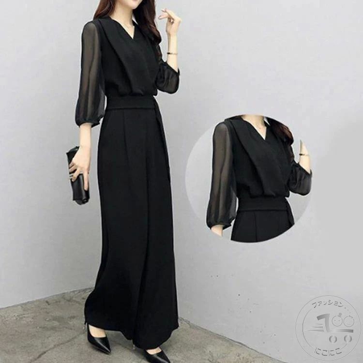 新生活 パンツドレス オールインワン 7分袖 Vネック ワイドパンツドレス レディース シースルー袖 袖あり ロングパンツ 体型カバー 二の腕カバー 結婚式 春 夏 無地 ブラック