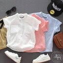 「50%OFFクーポン」新生活 立ち襟 コットン 100 シャツブラウス 綿麻 キッズ バンドカラー ベビー 150cm 男の子 女の子 90 110 かわいい 120 130 140 子供服 ポケット 半袖 スタンドカラー 幼児 子供シャツ トップス シンプル