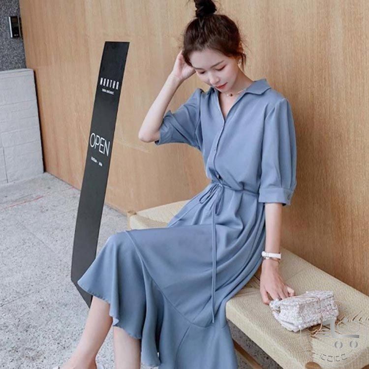 新生活 シャツワンピース 半袖 ロング ロングシャツワンピース ワンピース レディース シャツワンピ シフォン 春 夏 ウエスト絞り レギュラーカラー フレアワンピース オフィス カジュアル おしゃれ 大人可愛い シンプル 無地