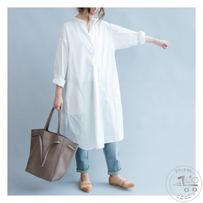 ロングシャツ ワンピース 無地 長袖 カジュアル オーバーサイズ 上品 清楚 韓国 ゆったり / レディース シャツワンピース シャツ ミモレ丈 ミモレ スキッパー オフィスカジュアル スキッパーネック ロング スリット 大人可愛い