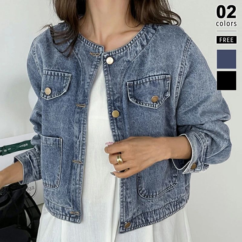 Coat - ショート レディース ノーカラーデニムブルゾン アウター ジャンパー デニム ノーカラーデニムジャケット きれいめ デニムジャケット ノーカラージャケット 春 ノーカラー ラウンドネック ジャケット 大人 おしゃれ 秋 cocomomo Gジャン