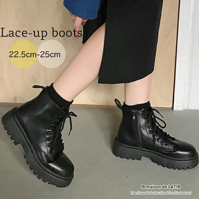 厚底サイドジップショートブーツ 　サイドジップで可愛いのに歩きやすくて疲れにくい◎ レースアップ 厚..