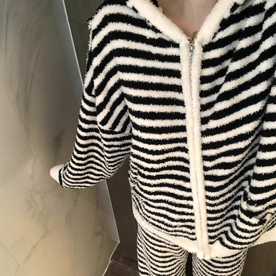 もこもこ上下セットアップパジャマ 部屋着 旅行 お泊まり 暖かい 防寒 リラックス 長袖 ファスナー ボーダー カジュアル 大人かわいい デイリー おうち時間 ラフ 冬 あたたかい ルームウエア 長袖 ボトム