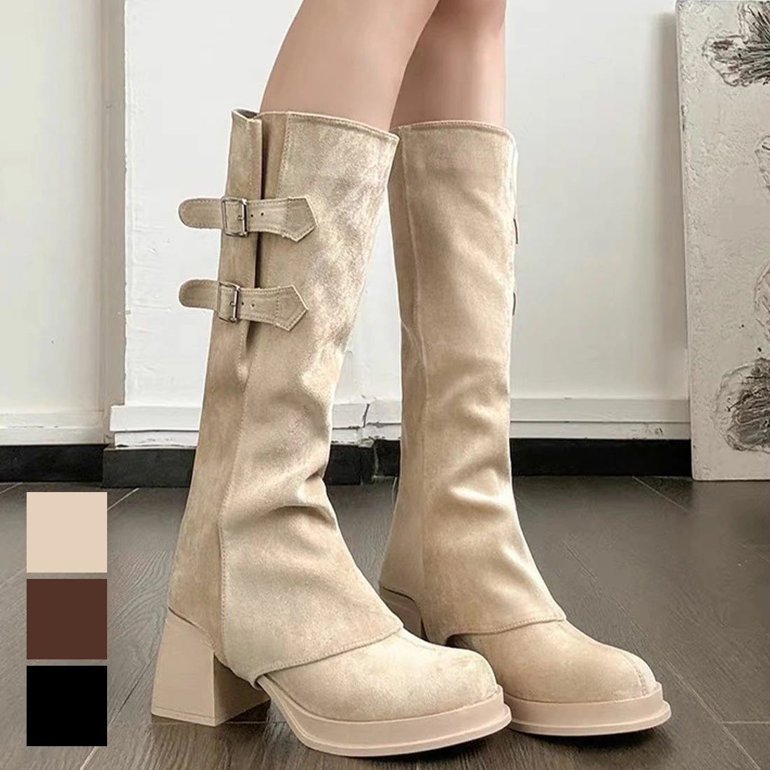 ルーズフレアカバーフィットブーツ　今期大注目のベルトブーツ　取り外し可能な2way　ルーズソックス風..