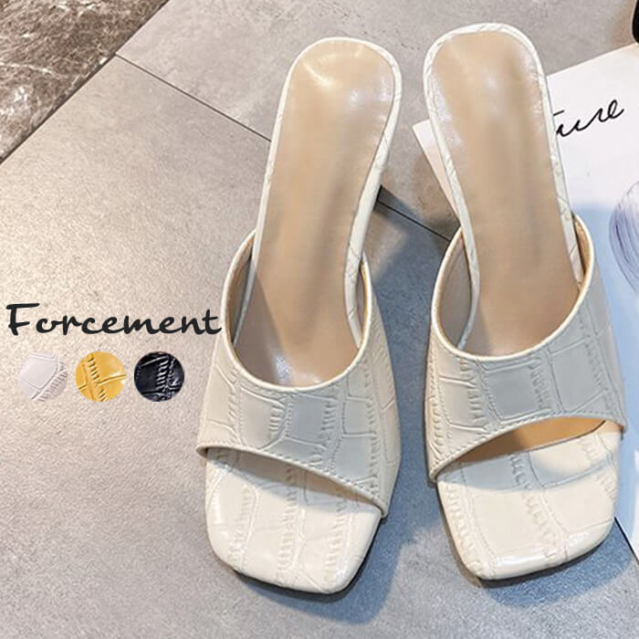クロコ型押し スクエアトゥ ミュールサンダル夏 夏服 韓国ファッション