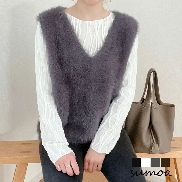 シャギー　ベスト　ジレ　ニットベスト　ノースリーブ　Vネック　フェザー　無地　プルオーバー　ニッ..