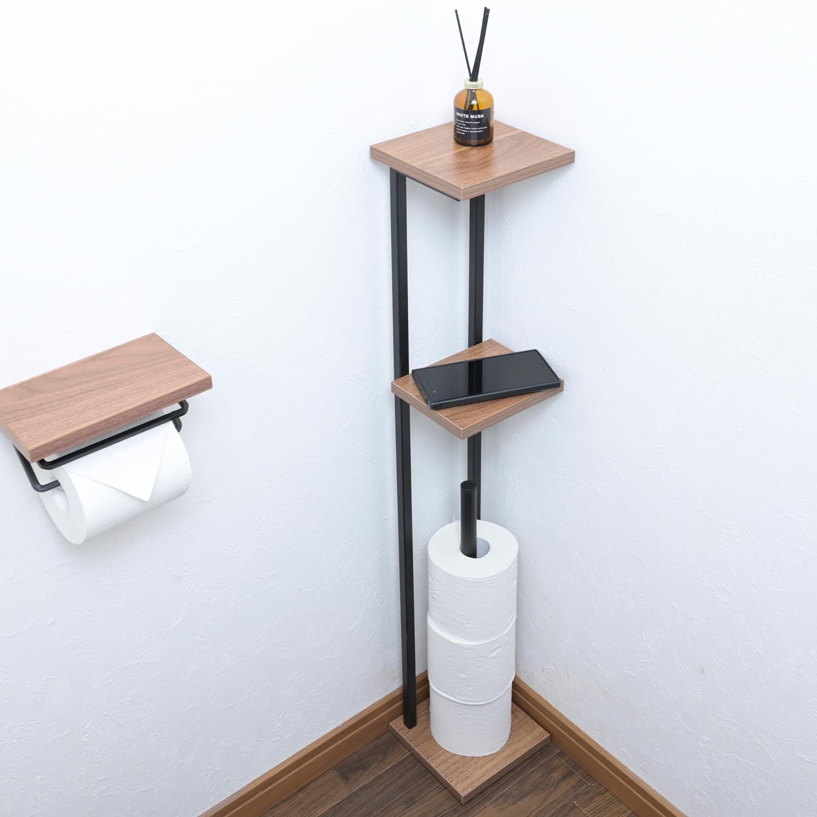 収納 幅15×奥行15×高さ90.5cm (スマホ置き/インテリア) トイレットペーパーホルダー スリム 隙間収納 棚付き 組立品 ストッカー