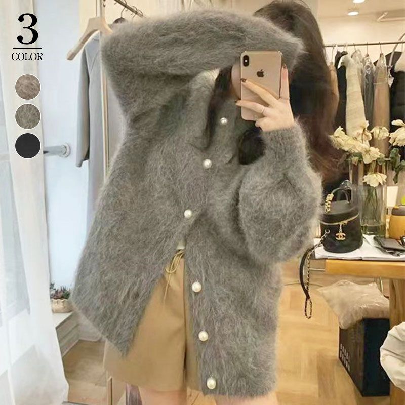 丸 レディース 長袖 カーディガン ニット ふわふわ パールボタン