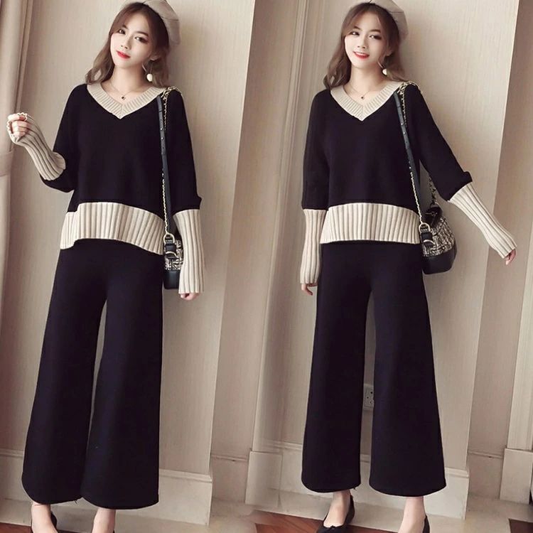 Vネックニットトップス ゆったり レディース ニットセットアップ