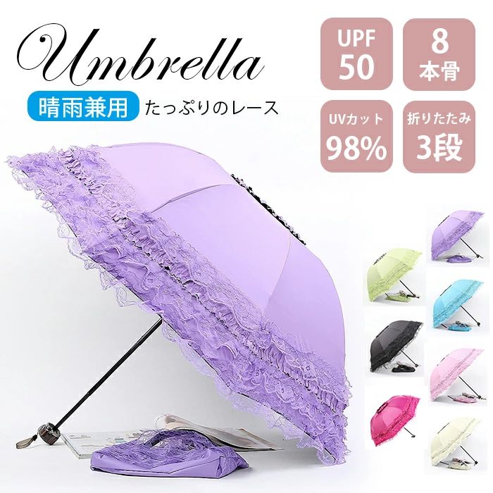 かさ 女性 1級遮光 フリル 晴雨兼用 8本骨 傘 雨傘 折りたたみ傘