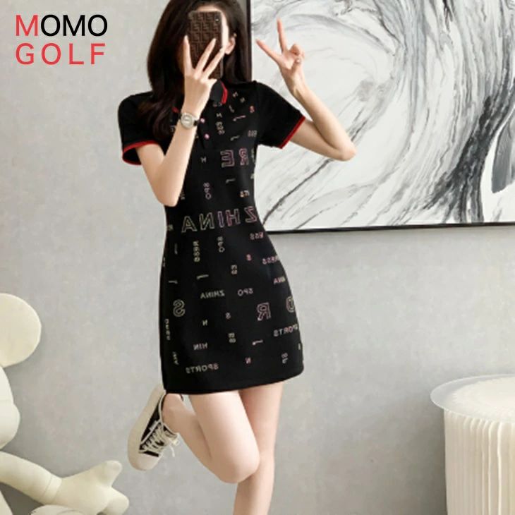 被らないデザイン 薄手スリムワンピース 文字柄 ゴルフウエア ゴ