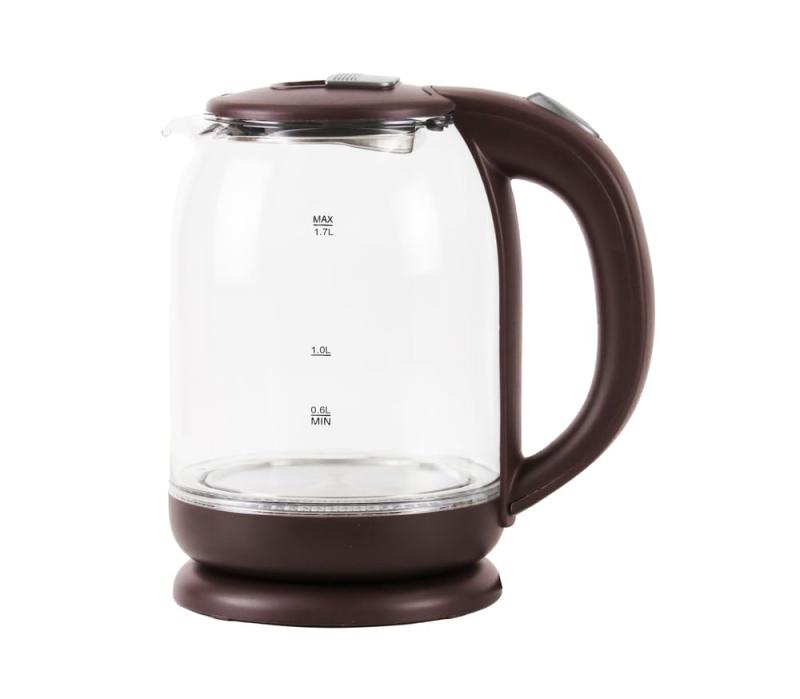 電気ケトル 1.7L 大容量 耐熱ガラス LEDライト付き 空焚き防止 自動電源OFF おしゃれ AC電源 透明 ダークブラウン GD-G17