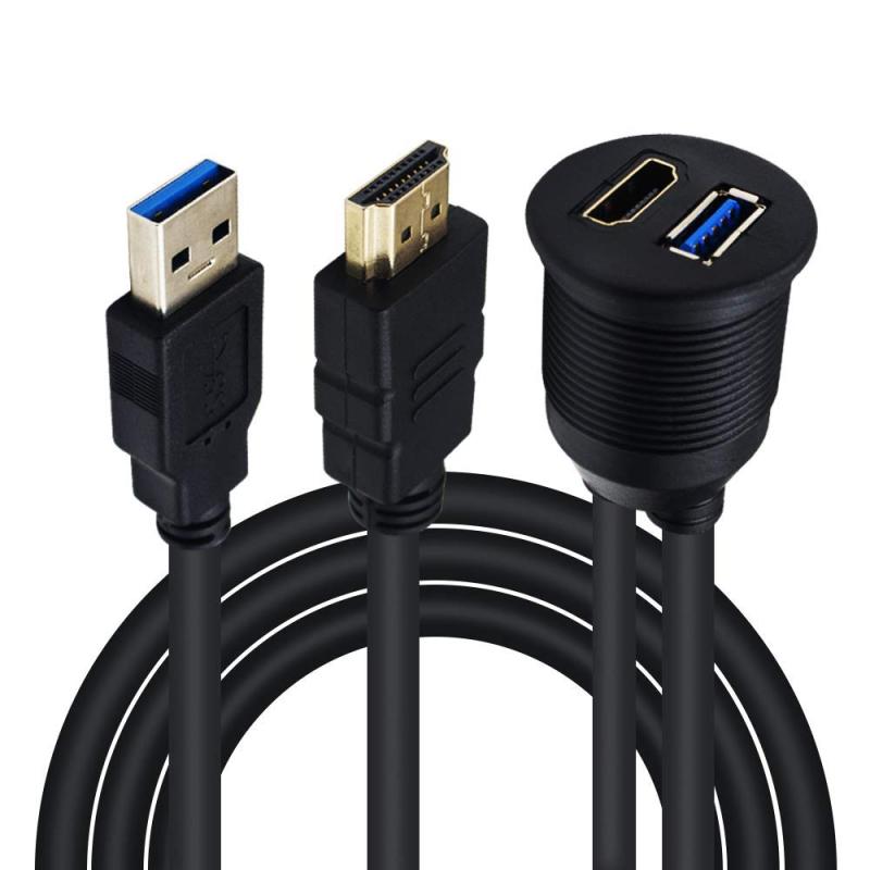 Duttek HDMI&amp;USB3.0 延長パネル防水ケーブル2m, 車用 USB 3.0 &amp; HDMIオス tメス延長マウント ダッシュフラッシュマウント パネルケーブル 車 ボート オートバイ