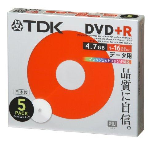 TDK データ用DVD+R 日本製 1-16倍速 インクジェットプリンタ対応（ホワイト） 5枚パック D+R47PWC5S入数：5著作権保護：非対応規格：DVDメディア+R / 容量(GB)：4種類：PC用 / 記録面：片面1層 / 16倍速盤面印刷：可 / 印刷面：ワイド