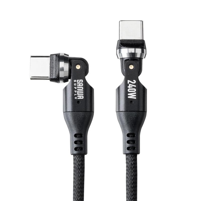 サンワダイレクト USB-C ケーブル 急速充電対応 PD240W L字コネクタ 両端回転コネクタ 全方向対応 メッシュ ケーブルバンド付き 480Mbps L型 スイング 急速充電 1m 500-USB090