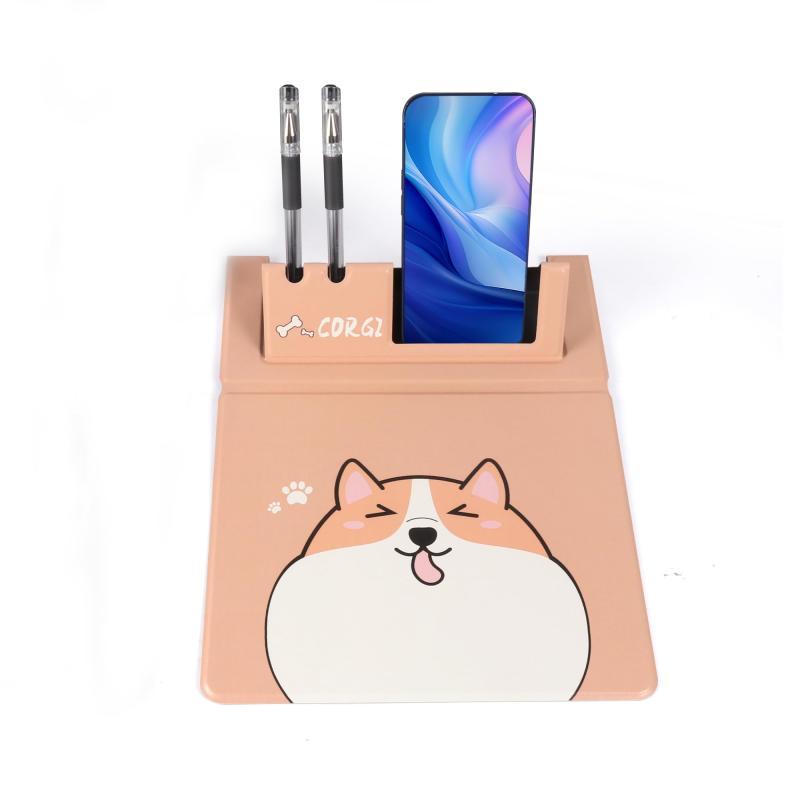マウスパッド スマホスタンド付き 折りたたみ式 かわいい コーギー柄 PUレザー製 多機能 オフィス/家庭用 ペンホルダー 薄型 滑り止め 防水 防塵 快適 オシャレ