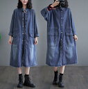 大きいサイズ デニムコート デニムジャケット ロング ミモレ丈 デニム ロングパーカー チェスターコート シャツワンピース 前開き 森ガール カジュアル ゆったり Aライン ジャケット スプリングコート Gジャン 大きいめ お洒落 長袖 通学通勤 お出かけ M L XL 2XL