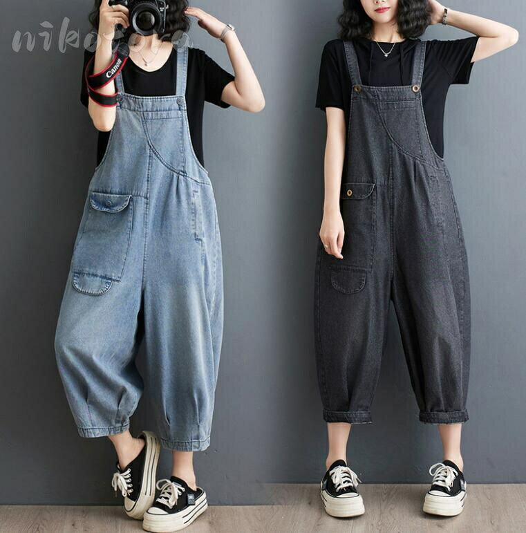 レディース 九分丈デニムパンツ サロペットパンツ ジャンパーパンツ オールインワン サロペットパンツ オーバーオール ガチョウパンツ ワイドパンツ ゆったり 無地 スリム 着痩せ カジュアル ジーンズ ジーパン 体型カバー 可愛い 女性 通勤 通学 コーデ 20代 30代 40代