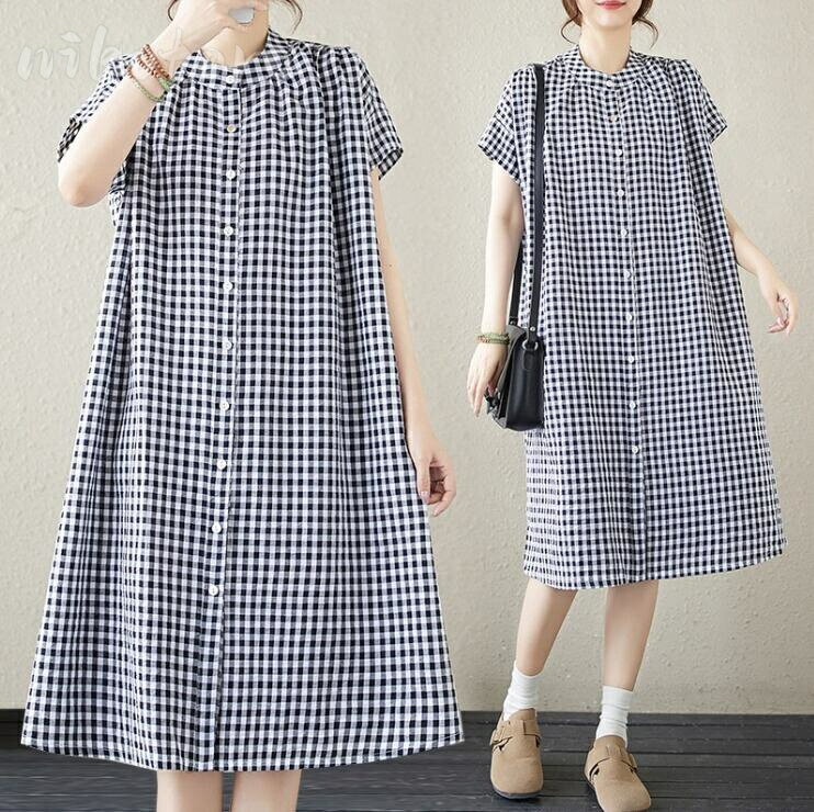 チェック柄 ワンピース レディース 夏ワンピース シャツワンピース 半袖 コットン Aライン フレア ワンピース ロング丈 ゆったり 大きいサイズ 体型カバー きれいめ おしゃれ 大きいサイズ 春 夏 秋 カジュアル ナチュラル 着痩せ 通勤 通学 デイリー 30代 40代