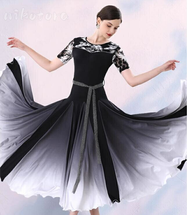 レディース 半袖 ロングワンピース マキシ丈 社交ダンス衣装 ドレス ダンスウェア ダンス発表会 Aライン フレア 大きい裾 スタンダードドレス ワルツ タンゴ モダン 花柄 インターナショナルダンス イベント服 舞台衣装 競技着 練習服 文化祭 学園祭 大きいサイズ