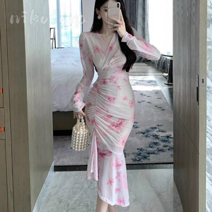 ドレス Vネック タイトワンピース レディース メッシュ切り替え 長袖 ギャザー ボディコン ロングドレ..