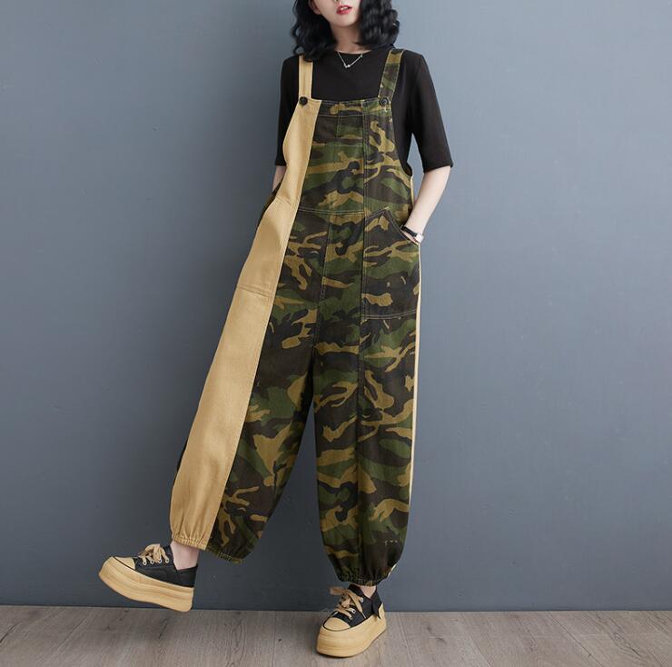 デニムサロペット パンツ レディース 夏 春 オールインワン ポケット付き パンツ 10分丈 無地 ボトムス レイヤード ドッキング 迷彩柄 サルエルパンツ ワイドパンツ ガウチョパンツ ゆったり 体型カバー 着痩せ カジュアル ズボン 通勤 通学 オフィス 女性 大きいサイズ