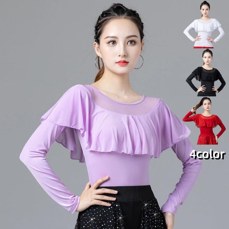 全4色 社交ダンス トップス レオタード タイトスタイル 無地 フリル 伸縮性 ダンスウェア レッスンウェア ダンス衣装 社交ダンス衣装 上着 競技着 レッスン 練習着 ラテンダンス モダンダンス チャチャチャ ラテン ステージ衣装 演出着 イベント舞台 女性用 30代 40代 50代