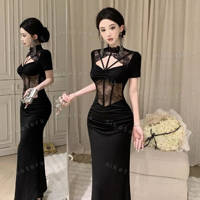 レース透け感 ロングワンピースドレス 半袖 ボディコン タイトワンピース 大人 スタイル おしゃれ 女性 上品 フェミニン セクシー ヒップラップ スリム キャバドレス パーティードレス お呼ばれ 結婚式 二次会 ワンピース