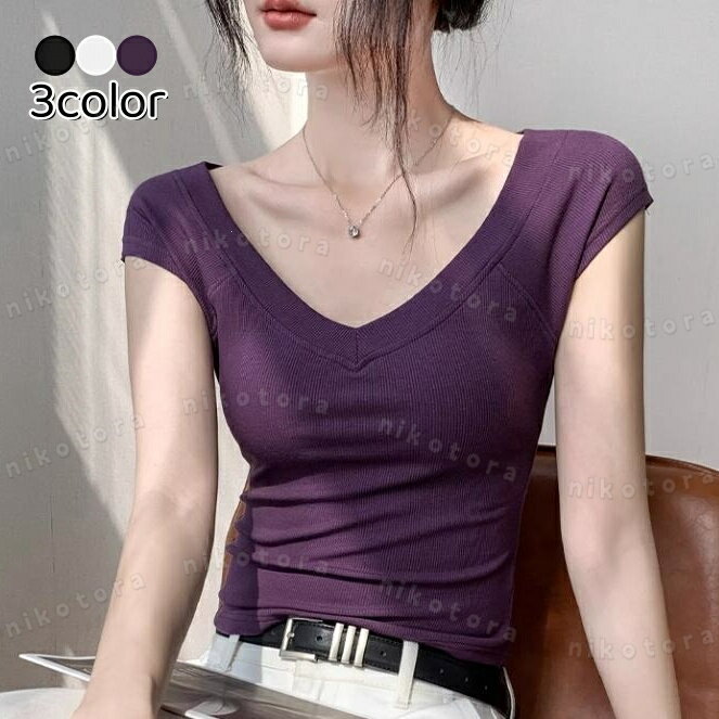 Vネックtシャツレディース半袖トッ...