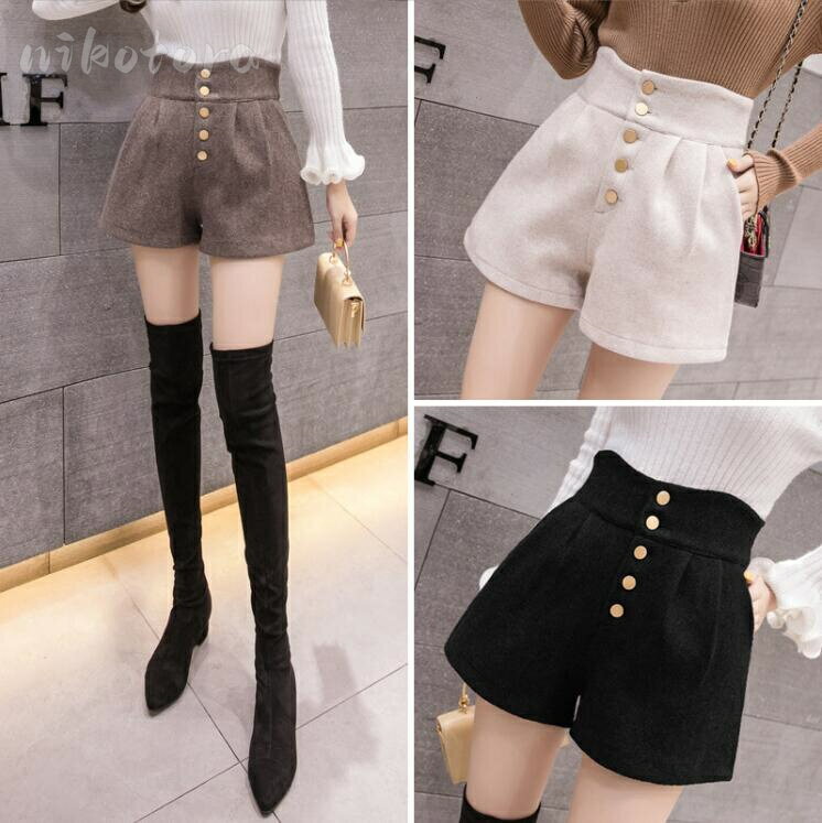 乐天商城 - ハイウエスト ショートパンツ ボトムス レディース カシミヤ ラシャパンツ ホットパンツ 半ズボン 短パン ショーパン 膝上丈 ワイド Aライン スリム カジュアル 防寒 暖かい 美脚 大人 通勤 通学 普段着 新品 秋冬