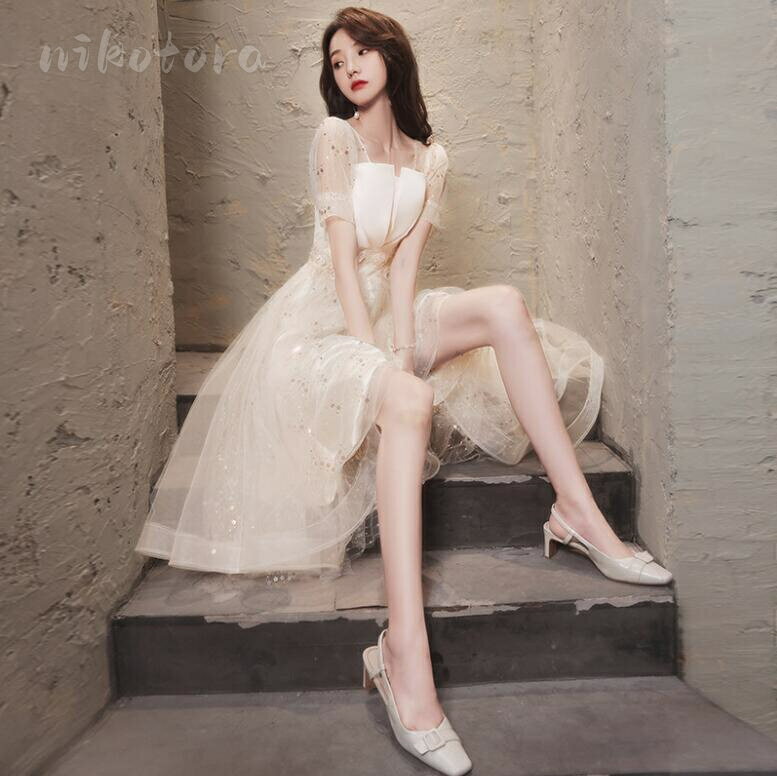 Slender Line - 花嫁 結婚式ドレス パーティードレス イブニングドレス レディース 半袖 チュール プリンセスドレス ワンピース ミモレ丈 ドレス 大人 ピアノ 発表会 ウエディングドレス Aラインドレス 体型カバー フォーマル お呼ばれ キャバドレス 披露宴 演奏会 二次会 成人式 コンサート