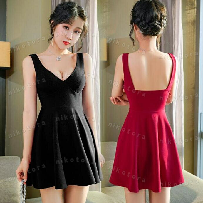 超深Vネック ワンピース レディース ノースリーブ お嬢様 キャバドレス ナイトドレス セクシー ミニワ..