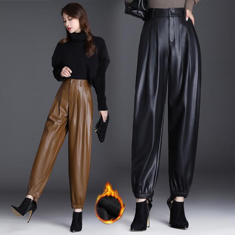 皮革（皮） - レディース PU革パンツ レザーパンツ フェイクレザー ロングパンツ あったかパンツ 裏起毛 フリースパンツ 防寒 保温 ハーレムパンツ ウォームパンツ ゆるパンツ ハイウエスト 大きサイズ 無地 ボトムス カジュアル スリムパンツ 革パンツ 皮パンツ ライダースパンツ 冬物