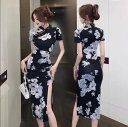 花柄 チャイナドレス ロング丈 スリット入り セクシー チャイナ服ワンピース 中華服 中華ドレス フォマール 二次会ドレス コスプレ衣装 ダンス衣装 ステージ衣装 パーティードレス 演奏服 古典 舞台 演出衣装 お呼ばれ ファッション 女性 30代 40代 半袖/長袖ドレス 送料無料|詳細画像