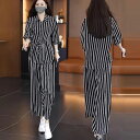セットアップ レディース 2点セット 上下セット 春夏 五分袖シャツ ブラウス+ロングパンツ ワイドパンツ ガウチョパンツ 着やせ ゆったり クール 薄手 セッ...