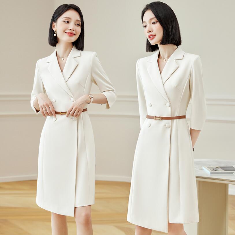 フォーマルドレス ワンピーススーツ レディース 七分袖 Vネック ロングコート スーツコート ダブルブレスト シンプル 無地 タイト 上品 高級感 エレガント ...