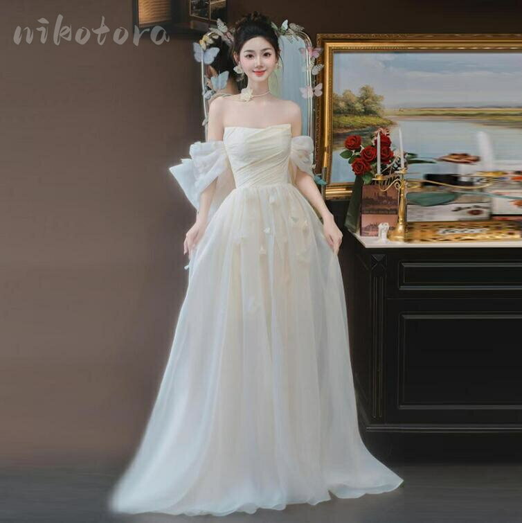 ウェディングドレス カラードレス パーティードレス ロングドレス 結婚式 花嫁ドレス オフショルダー ワンピース チュール切り替え ノースリーブ イブニングドレス プリンセスラインドレス 前撮り 後撮り 二次会 披露宴 お呼ばれ ブライダル フォーマル 可愛い