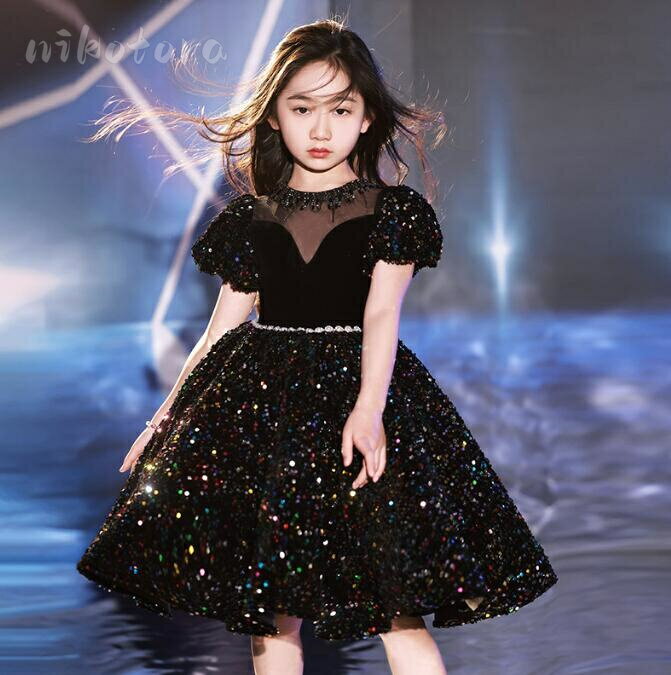 半袖 ピアノ発表会 ドレス ワンピース 女の子 キッズドレス ひざ丈ドレス メッシュ切り替え Aライン スパンコール付き キラキラ フォーマルドレス パーティードレス 韓国こども服 プリンセスドレス お姫様 ガールズ 七五三 結婚式 イベント ステージ衣装 お呼ばれ