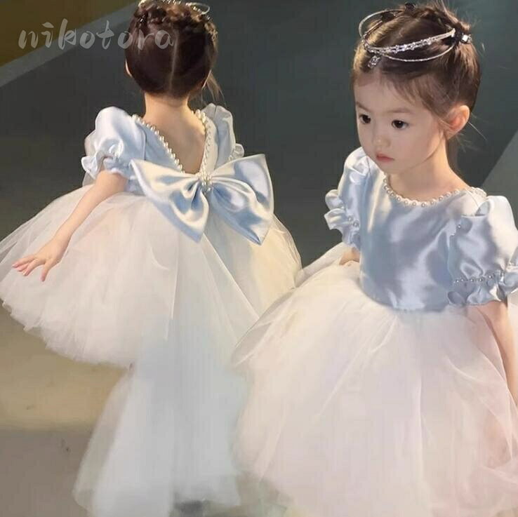 Dress - ベビードレス 子どもドレス 子供ドレス 女の子 お宮参り ピアノ 発表会 ドレス フラワーガール ドレス フォーマル チュール ワンピース バックレス ボウタイ付き Aライン ショート丈 女児 ジュニア 韓国こども服 パーティードレス 可愛い 誕生日 七五三 結婚式 お呼ばれ