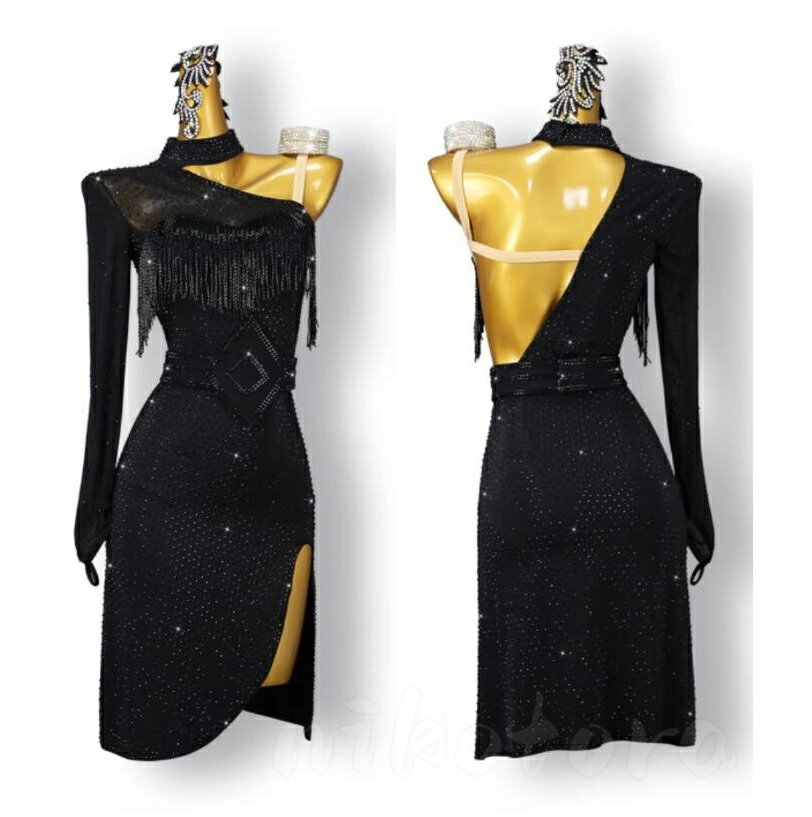 ワンショルダー 長袖 ダンスワンピース ショート丈 スリット入り ダンス衣装 ダンスウェア モダンドレ..