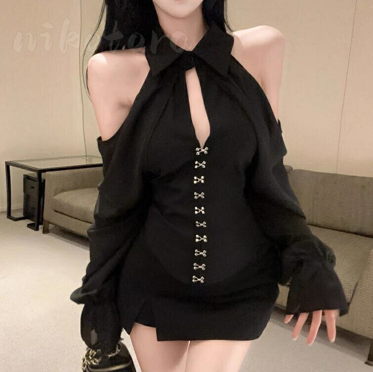 乐天商城 - セクシー レディース 長袖 ホルターネック シャツ ブラウス 胸元オープン とろみシャツ タイトトップス 肩出し シンプル セクシートップス スリム 女性 着痩せ おしゃれ