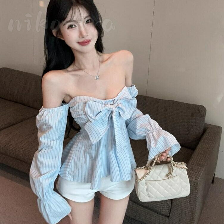 Other - ベアトップ 長袖トップス レディース 20代30代40代 ボウタイ付き オフショルダー セクシー トップス ストライプ柄 スリム 女性 着痩せ カジュアル おしゃれ