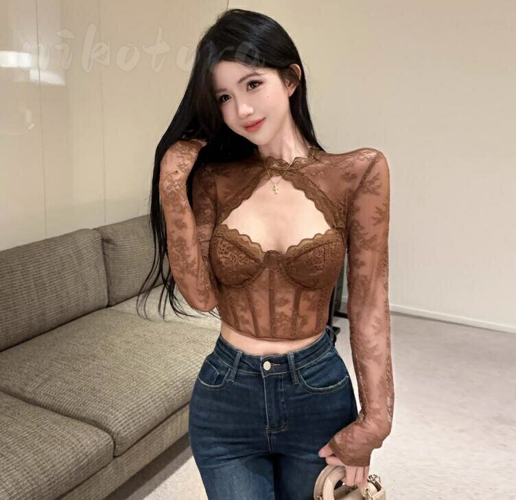 乐天商城 - ショート丈 へそ出し tシャツ 長袖 レディース 胸元オープン ワイヤー入り レオタード タイトトップス レース切り替え 薄手 シンプル スリム 女性 着痩せ セクシー 韓国