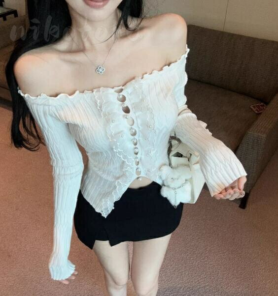 乐天商城 - オフショルダー 長袖 レディース ニットトップス Tシャツ カットアウト 無地 タイト へそ出し 薄手 カシュクール シンプル スリム 女性 着痩せ セクシー