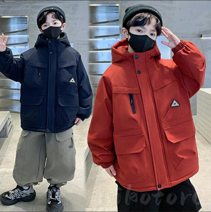 乐天商城 - 中綿コート 中綿ジャケット 韓国子供服 キッズ 男の子 アウター 冬服 マウンテンパーカー 中綿入れ ジップアップ ブルゾン ジャンパー 厚手 防寒 防風 フード付き お出かけ 可愛い ジュニア服 卒園式/入学式 通園 通学 秋冬 120-170cm