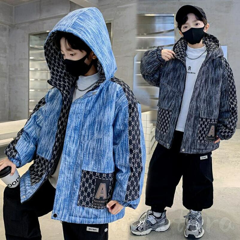 厚手ジャケット Gジャン デニム キッズ 子供 男の子 ジュニア アウター 120-170cm 中綿入り 中綿コート 中綿ジャケット デニムコート フード付き 防風 防寒着 カジュアル 通学 入学式 卒業式 お出かけ 秋冬
