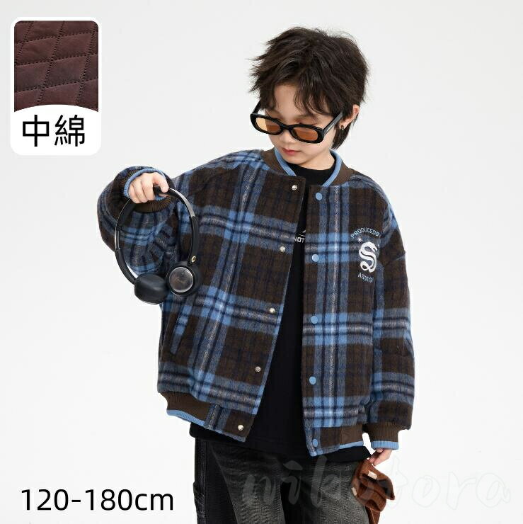 乐天商城 - スタジアムジャンパー ジャケット キッズ 子供コート 男の子 アウター 120-180cm チェック柄 パーカー 中綿入れ ジップアップ ジャンパー ノーカラージャケット 中綿コート 厚手 あつたか 防風 防寒コート 通園 通学 卒園式/入学式 秋冬