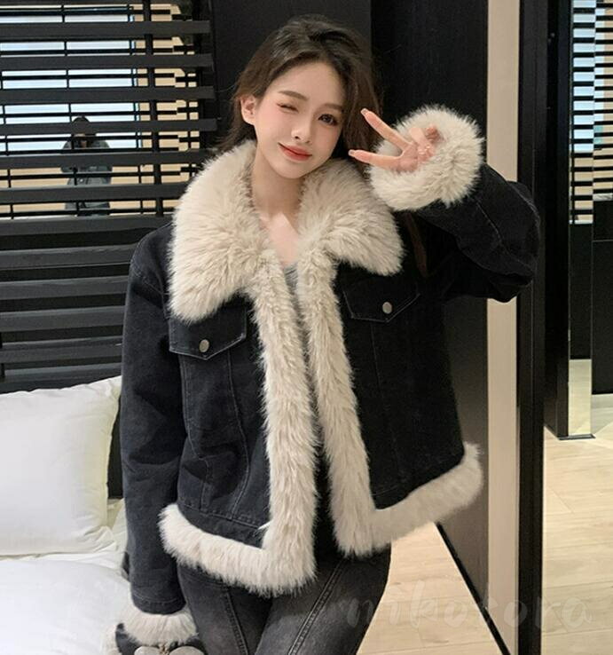 乐天商城 - デニムコート ファーコート フェイクファー レデイース 厚手 冬服 毛皮コート ボリュームファー ふわふわ あったか 柔らかい モコモコ 防寒 暖かい 韓国風 きれいめ カジュアル 女性 通勤 オフィス 20代 30代 40代