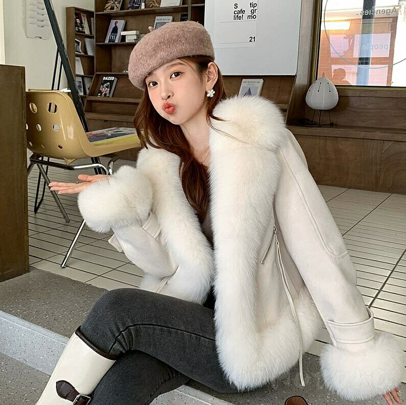 Quilted Jacket - ファーコート フォックスファー レデイース 長袖 スウェード ジャケット ショートコート 毛皮コート 裏ボア ボリューム 柔らかい 暖かい 秋冬 ふわふわ モコモコ お洒落 韓国風コート 20代 30代 40代 厚手 高級感 防寒 おしゃれ