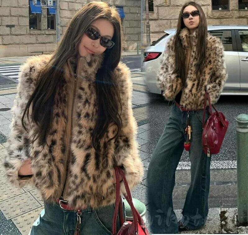 レオパード柄 ファーコート ボリュームファー アウター 上品 高級 毛皮ジャケット 毛皮コート ショートコート ジップアップ ふんわり 防風 防寒 暖かい あったか 柔らかい モコモコ 韓国風 きれいめ アウター 冬服